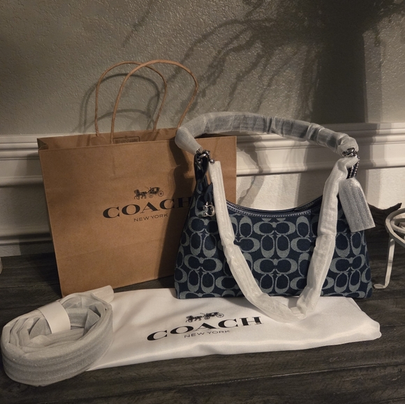 Coach Signature Denim Shoulder Crossbody Bag, Silver Hardware NWT Full Inclusion - Picture 6 of 13